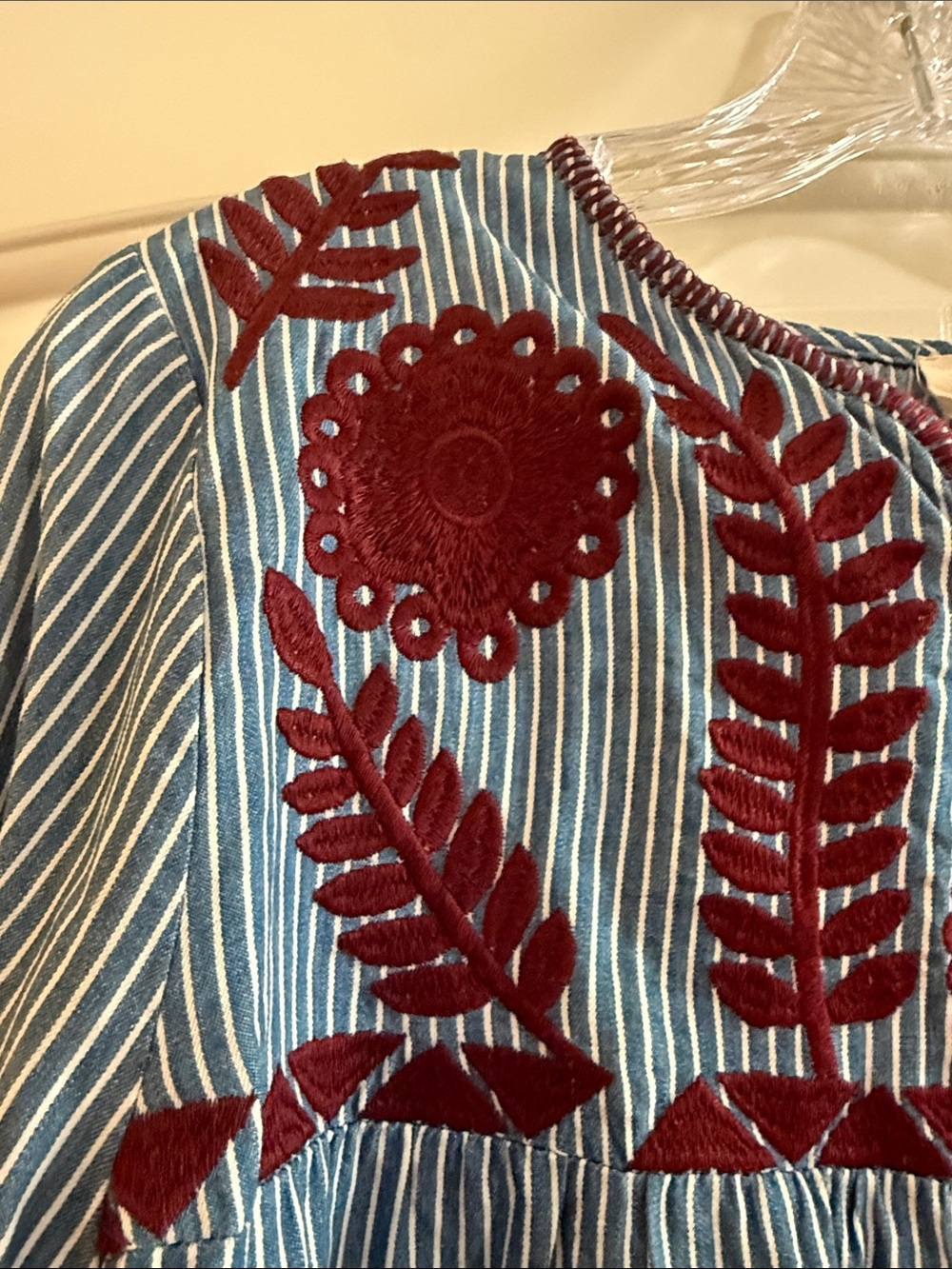 Striped Blue Tunic with Red Floral Embroidery - Picture 3 of 5